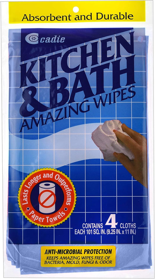 Kitchen and Bath Amazing Wipes-Absorbent and Reusable Cloth for Washing,Drying,Wiping in The Bathroom or Cuisine Surfaces|Cleaning Sink,Tiles,Bathtub,Walls,Mirror Or Floors (1 Pack-4 Wipes, Blue)