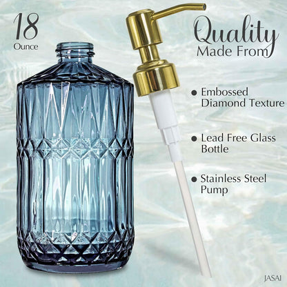 JASAI 2Pack 18Oz Green Glass Soap Dispenser with Gold Rust Proof Pump, Refillable Dish Soap Dispenser for Kitchen, Bathroom Soap Dispenser for Hand soap, Lotion, Body Wash, Dish Soap.