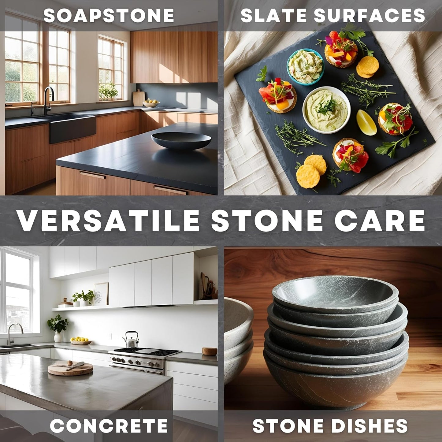 Rhino Wax Soapstone Ultimate Care Kit - Soapstone Wax, Soap-Stone Oil, Stone Spray Cleaner, Scraper, Large Applicator, 3 Microfiber Cloths - Complete Protection for Stones Surfaces - Made in USA