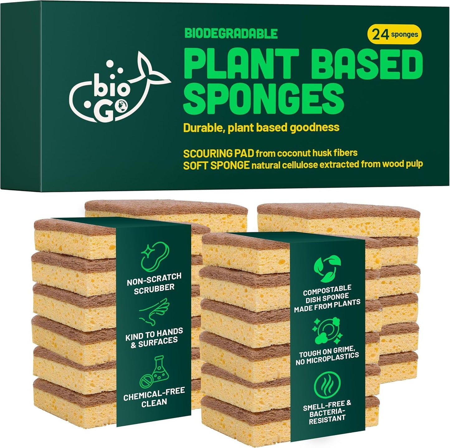 bioGo 12 Pack Natural Biodegradable Kitchen Sponges - Eco-Friendly, Compostable, Cellulose Dish - Compostable - Biodegradable - Cellulose Sponge