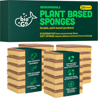 bioGo 12 Pack Natural Biodegradable Kitchen Sponges - Eco-Friendly, Compostable, Cellulose Dish - Compostable - Biodegradable - Cellulose Sponge