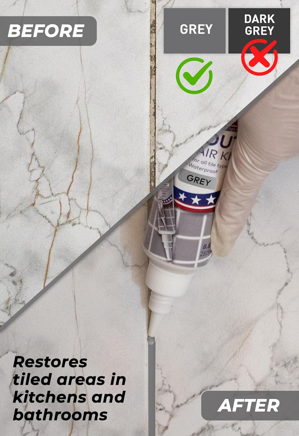 Tile Grout Repair, Grey 8.8 oz/250gr. Fast Drying Grout Repair Kit, Grout Filler Tube Repair Kit, Tile Grout Paint, Grout Sealer Restore and Renew Bathroom Floor, Tile Gaps, Joints, Lines
