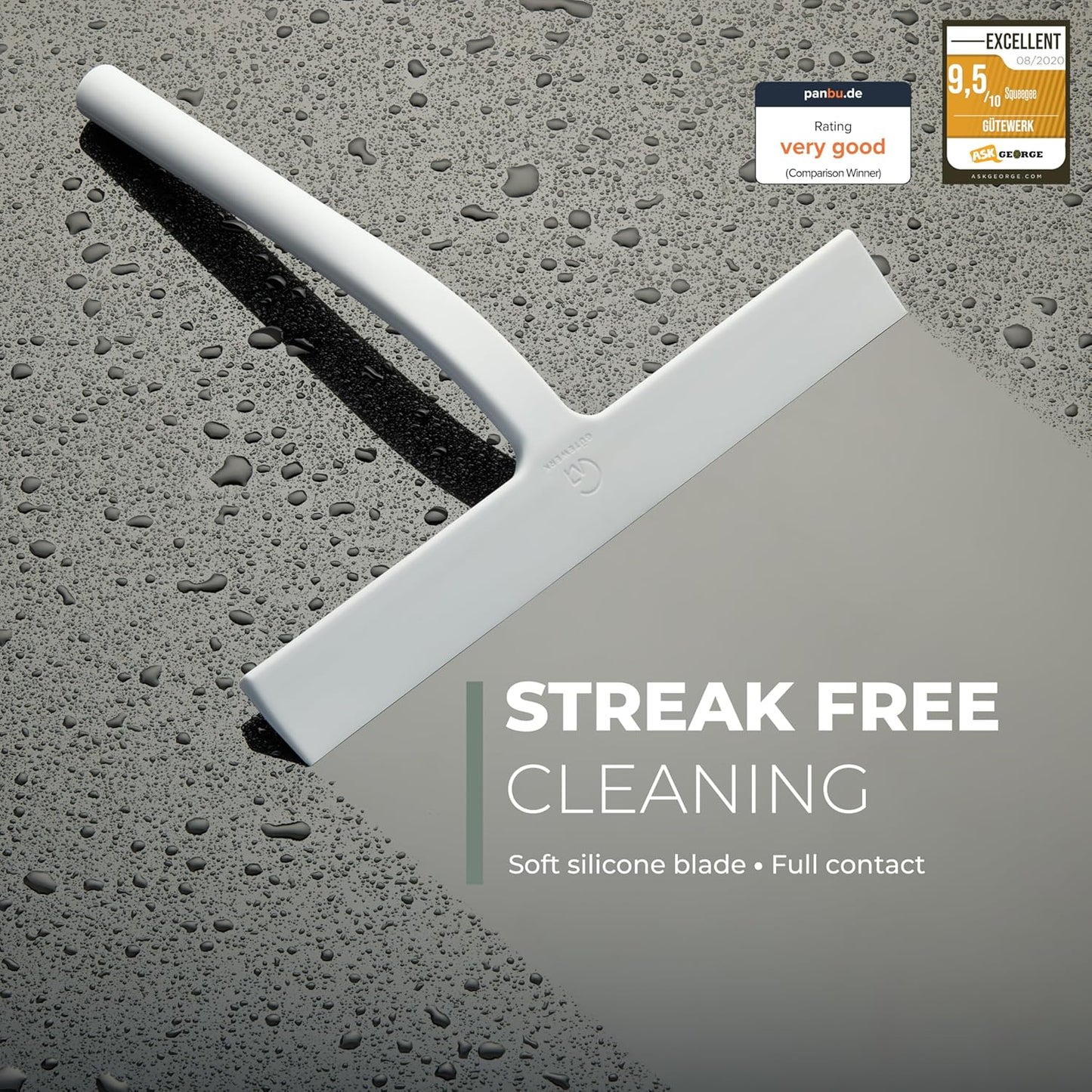 GÜTEWERK Silicone Shower Squeegee for Glass Doors & Mirrors with Stainless Steel Core, Streak-Free & No-Squeak Window Cleaning, 3-in-1 No-Drill Mount (Hook/Suction/Adhesive), Black, 9''