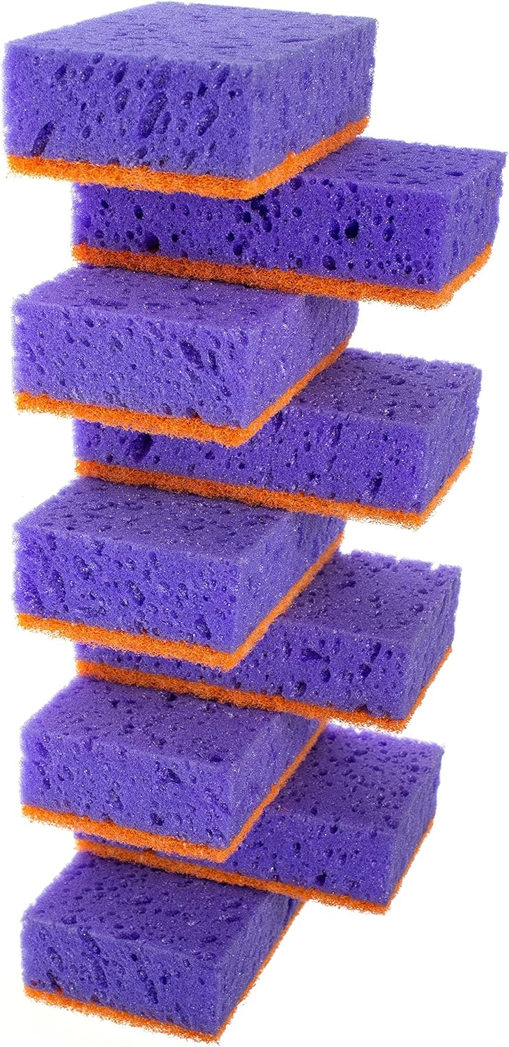 Green Multi Use Scrub Sponge. Made in Europe. 9 Pack, 4.3x2.8x1.4 inches. Odorless Heavy Duty and Non Scratch Fiber. Best, Durable, Delicate, Porous, Non Cellulose Kitchen Sponges and Scrubbers