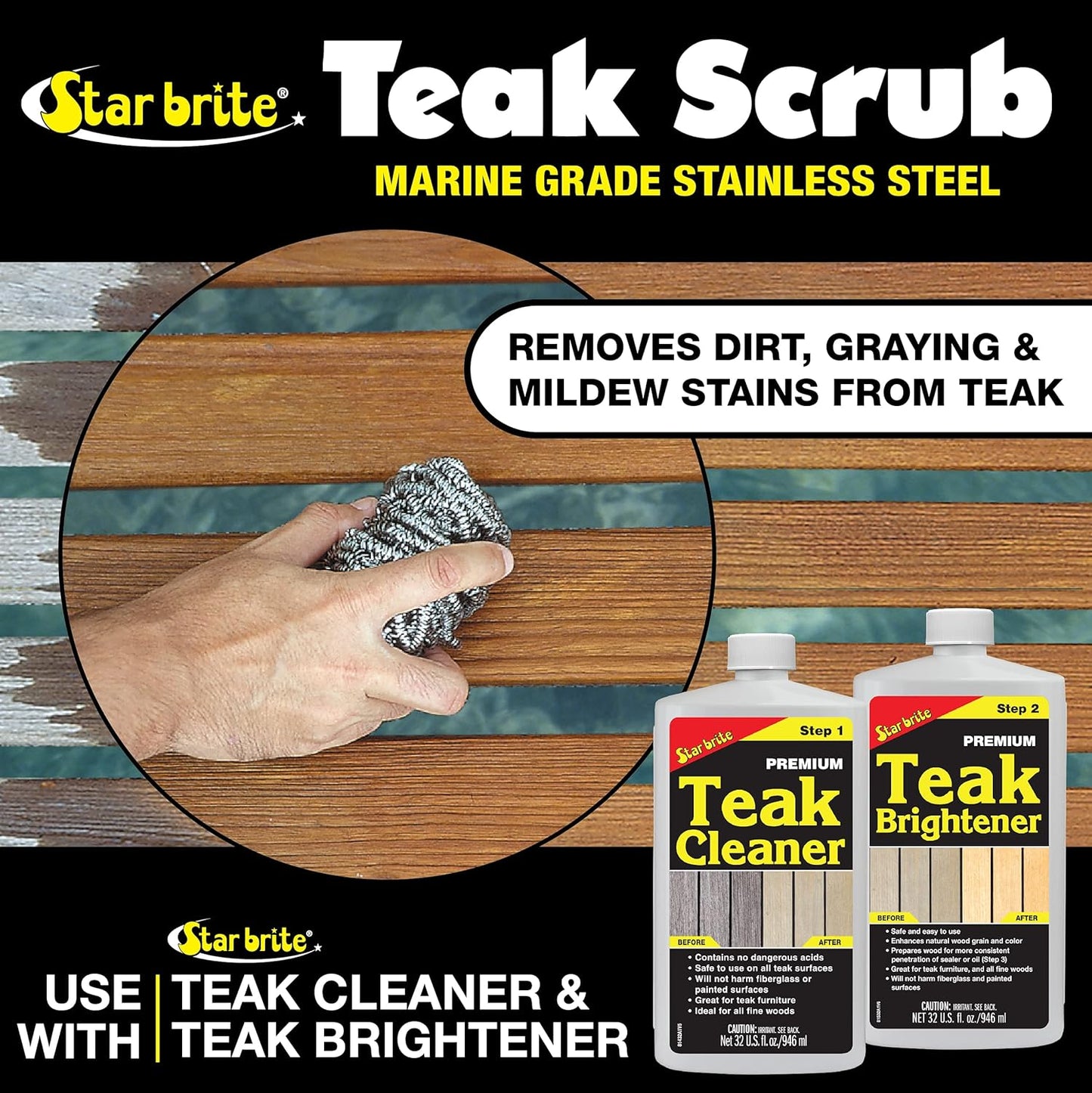 STAR BRITE Marine-Grade Stainless Steel Scrub Scouring Pad Scrubber - Refinish Wood Furniture & Boat Teak