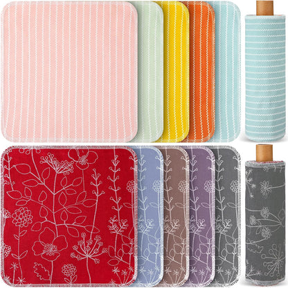Redbaker 50 Pcs Reusable Paper Towels Paperless Reusable Cotton Cloths Toilet Absorbent Washable Paper Towels with Roll Kitchen Dishcloth for Kitchen Paperless Dishcloths(Stripe)