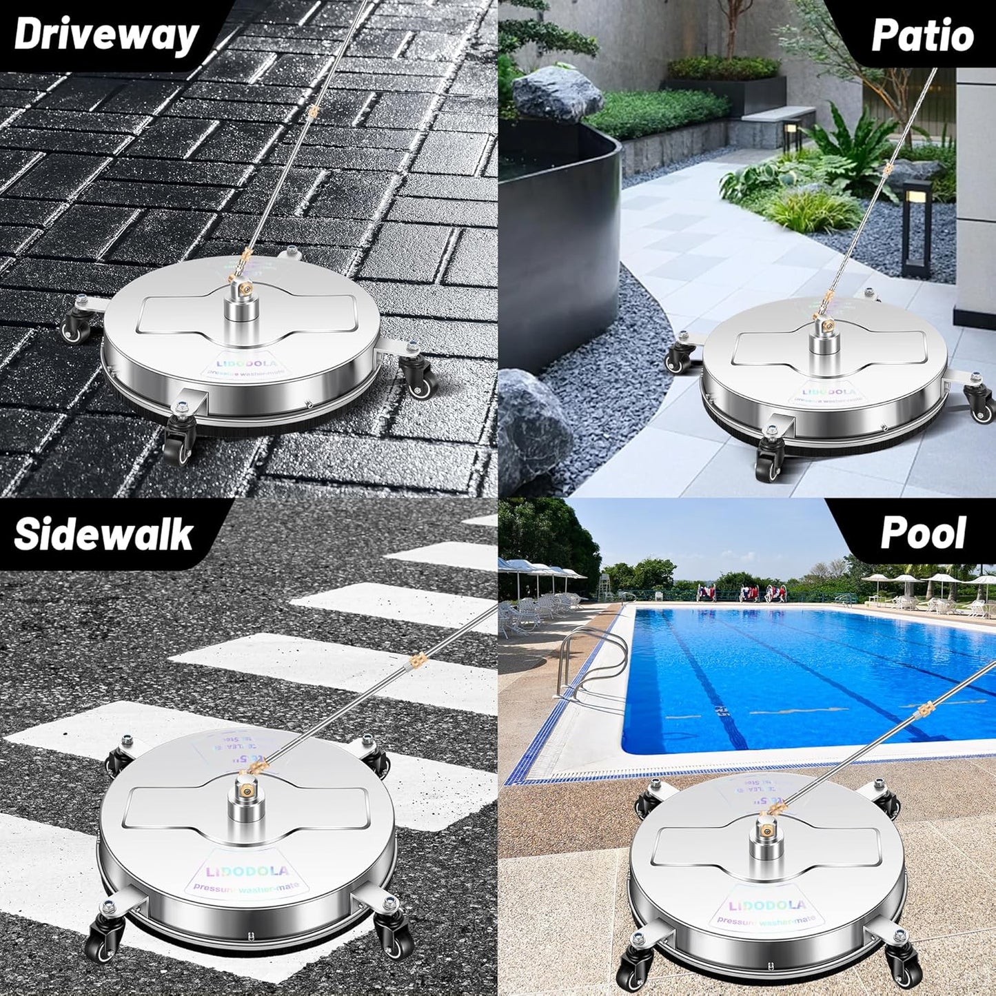 14" Pressure Washer Surface Cleaner with 4 Wheels - Stainless Steel Surface Cleaner for Pressure Washer Attachment for Concrete, Patio, Sidewalk, Deck and Driveways - PWS14