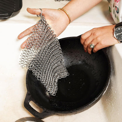 Chainmail Scrubber Cleaner 7.8" x 7.8" Premium 316L Stainless Steel Scrubber for Cast iron Pots,Pan, BBQ Grill, Wok and All Kitchenware Items - Stainless Steel