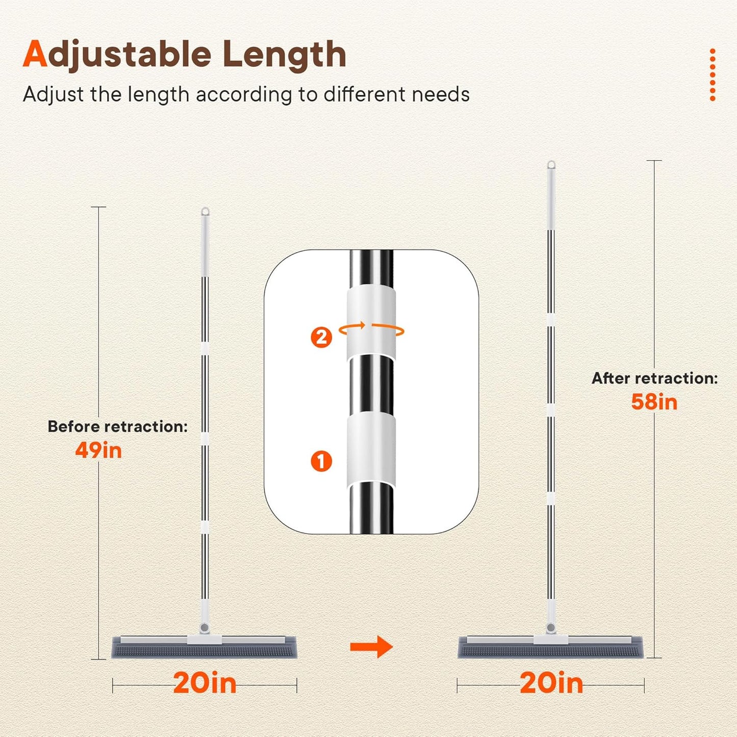 Floor Squeegee with Long Handle, 180° Rotating Silicone Broom for Concrete & Tile Floors, Squeegee for Water Removal on Garage, Bathroom and Deck, Adjustable 35–62 in Handle, 2 Pads