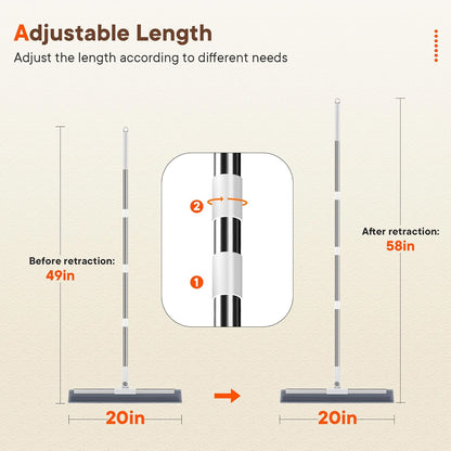 Floor Squeegee with Long Handle, 180° Rotating Silicone Broom for Concrete & Tile Floors, Squeegee for Water Removal on Garage, Bathroom and Deck, Adjustable 35–62 in Handle, 2 Pads