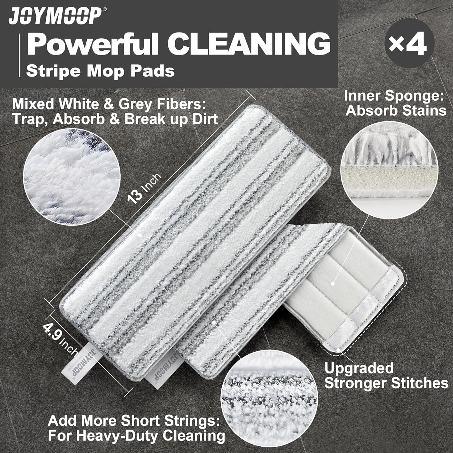 JOYMOOP 17.7-Inch Microfiber Flat Mop Replacement Pads – Washable Reusable Grey & Stripe, Pack of 4 Heavy-Duty Wet & Dry Refill for JOYMOOP Flat Mop & Bucket System
