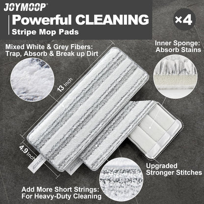 JOYMOOP 17.7-Inch Microfiber Flat Mop Replacement Pads – Washable Reusable Grey & Stripe, Pack of 4 Heavy-Duty Wet & Dry Refill for JOYMOOP Flat Mop & Bucket System