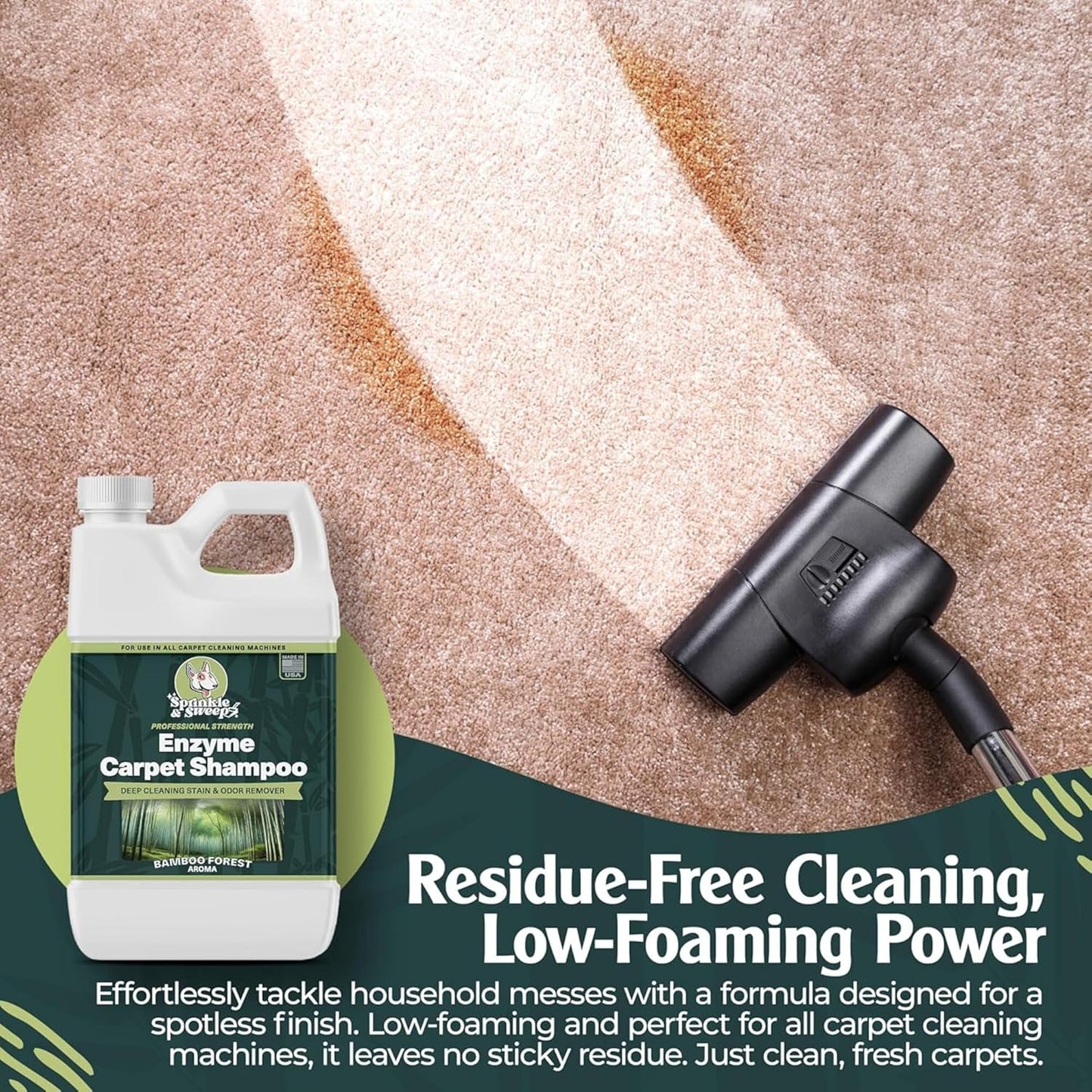 Sprinkle & Sweep: Enzyme Carpet Shampoo - 64oz, Deep Cleaning Pet Stain & Odor Remover, Dog & Cat Mess-Urine-Accident Solution, All Machine Compatible