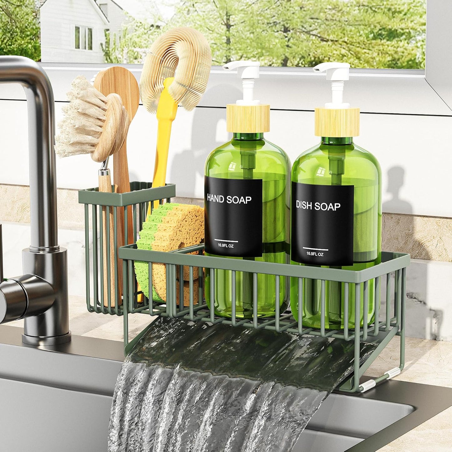 Cisily Kitchen Dish Soap Dispenser Set with 2 Pack 16.9oz Black Glass Bottle and Sponge Holder, Dish Soap Dispensers with Adjustable Sponge Holder, Vintage Hand and Dish Soap Dispensers Set