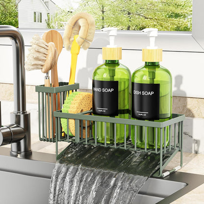 Cisily Kitchen Dish Soap Dispenser Set with 2 Pack 16.9oz Black Glass Bottle and Sponge Holder, Dish Soap Dispensers with Adjustable Sponge Holder, Vintage Hand and Dish Soap Dispensers Set