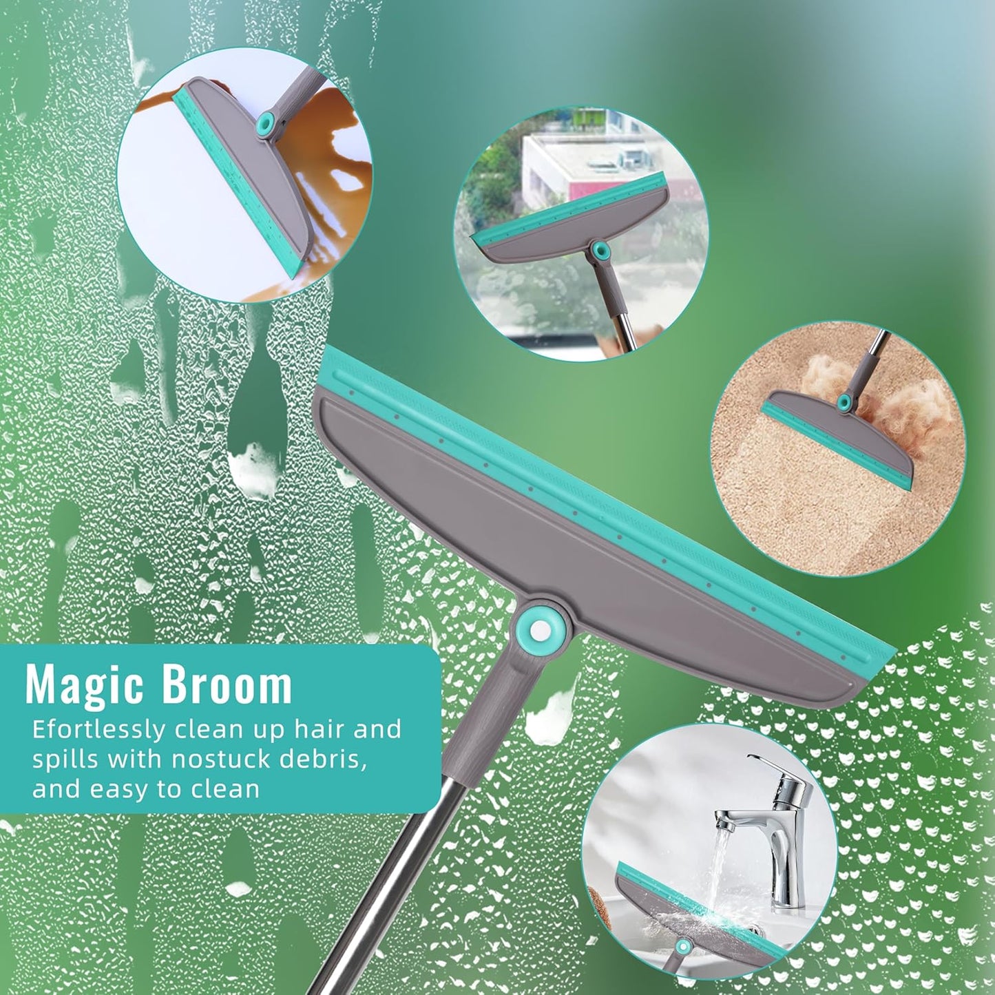 Multifunction 3-in-1 Broom and Dustpan, Silicone broom Squeegee and Scrub Brush Set with Long Adjustable Handle for Indoor & Outdoor Sweeping and Scrubbing, Ideal for Pet Hair, Liquids Spills and Dirt