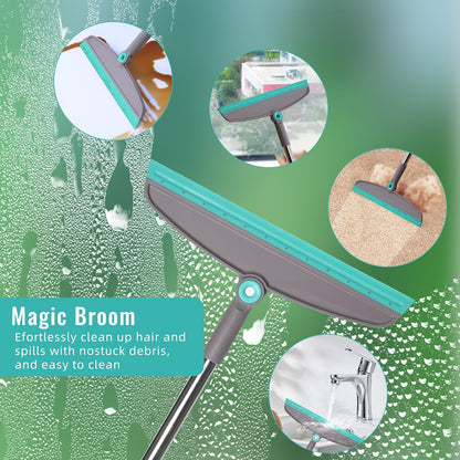 Multifunction 3-in-1 Broom and Dustpan, Silicone broom Squeegee and Scrub Brush Set with Long Adjustable Handle for Indoor & Outdoor Sweeping and Scrubbing, Ideal for Pet Hair, Liquids Spills and Dirt