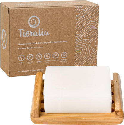 Dish Soap Bar with Bamboo Soap Dish Tray – Solid Dish Soap Block, Eco Friendly Non Toxic Plant Based Dishwashing Soap, Fragrance Free, Zero Waste, Biodegradable Kitchen Soap (5.64 oz)