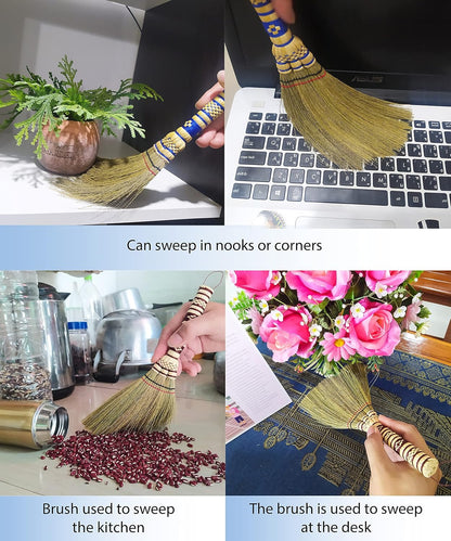 Small Corn Wisk Brush Broom 11 Inch Blue, Red Flagged Indoor Heavy Duty Multi Surface Hard & Soft Floor 100% Handmade(Blue), AW038-AW0038, length 11 Inch, wide 4.5 inch,