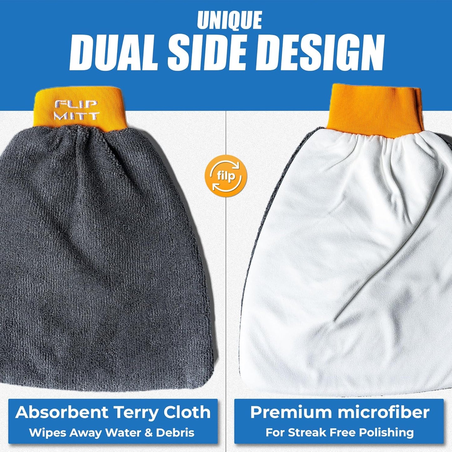 Flipper FLIP-MITT Microfiber Cleaning Mitt 2 Pack, Dual-Sided Terry Cloth & Microfiber Dusting Gloves for House Cleaning, Glass Polishing, Kitchens, Bathrooms, Cars & Aquariums
