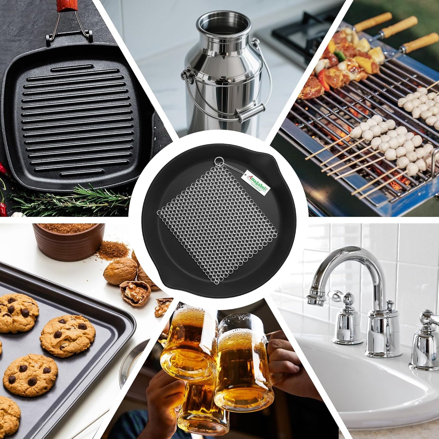 Amagabeli Cast Iron Cleaner 8"x6" Premium Stainless Steel Chainmail Scrubber Cast Iron Skillet Cleaner for Pan Pot Wok Griddles BBQ Grills Cast Iron Cleaning