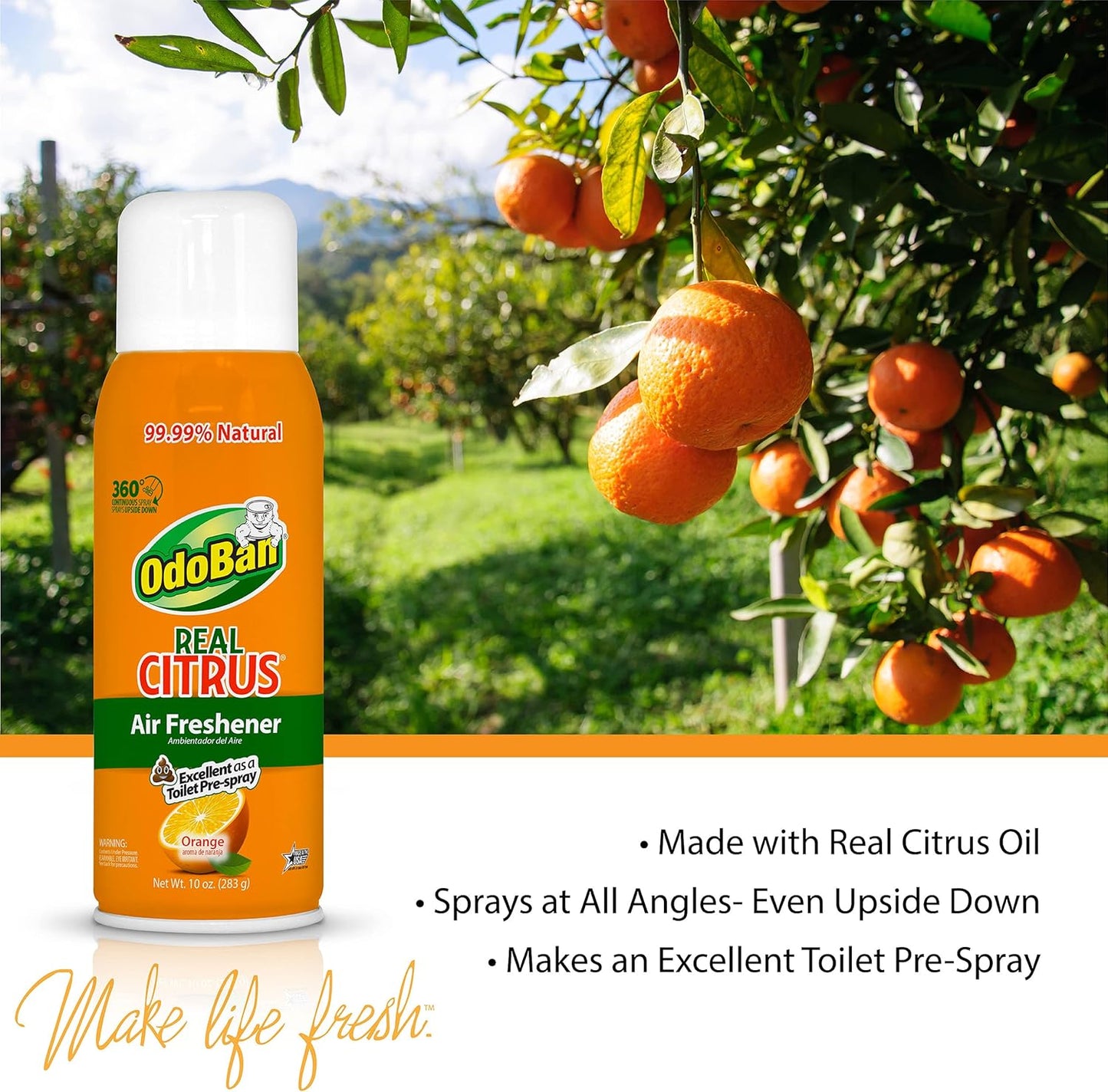 OdoBan 360-Degree Continuous Spray Natural Oil Real Citrus Orange Air Freshener, 10 Ounce, and Multipurpose Disinfectant Cleaner, 32 Ounce Spray, Made in the USA