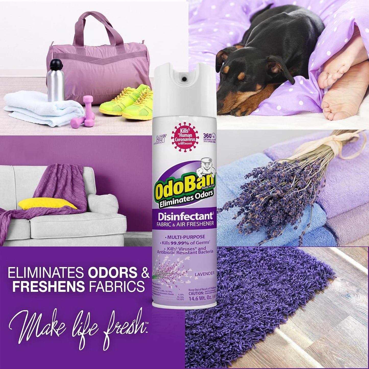 OdoBan Ready-to-Use 360-Degree Continuous Spray Disinfectant & Harsh Aroma Eliminator, Fabric and Air Freshener, Made in the USA, Original Eucalyptus Scent, 14.6 Ounces