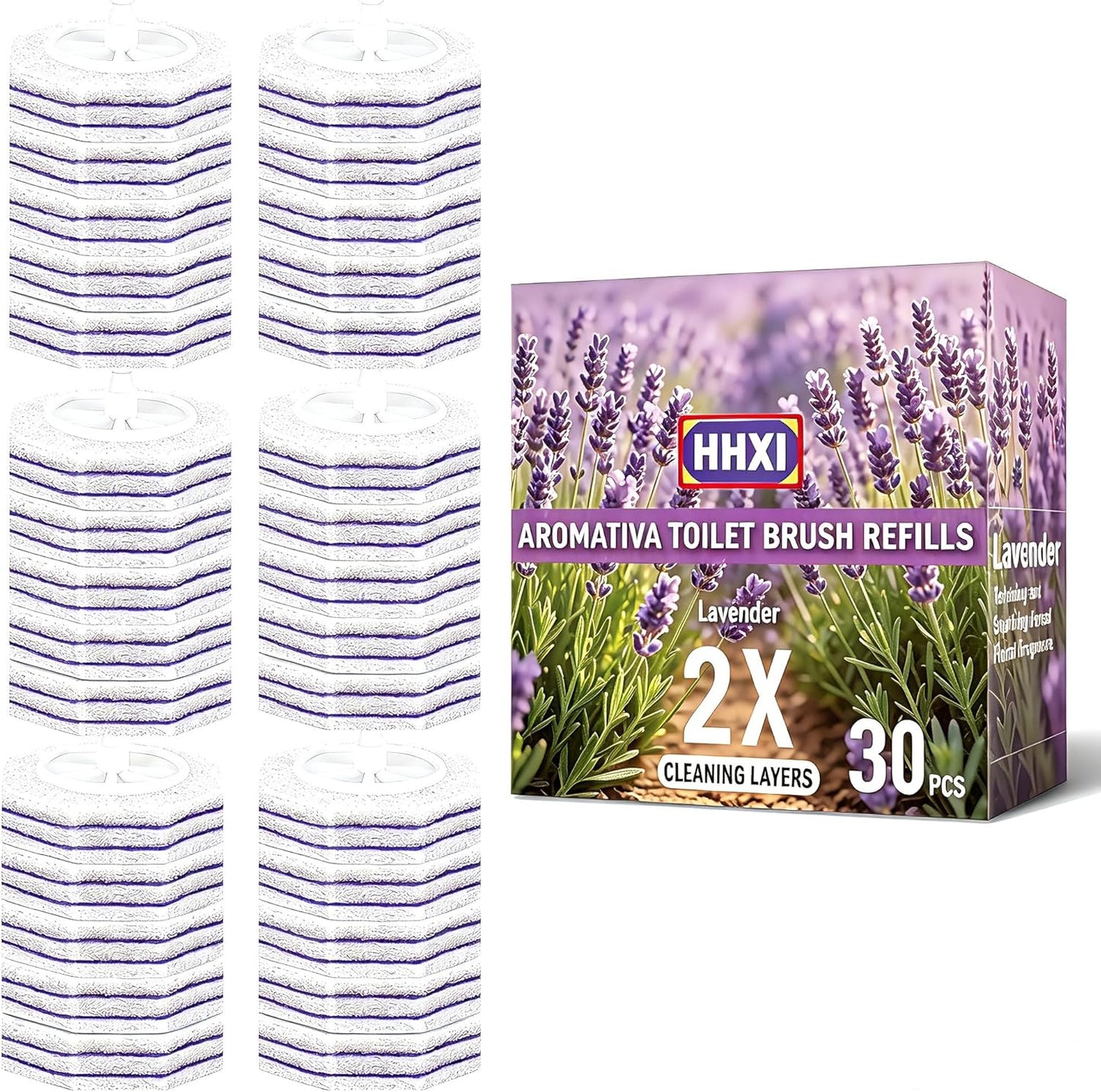 30Ct Aromative Toilet Brush Refills, Toilet Bowl Cleaner Refills, Double-Layer Cleaning Pads Added, Disposable Refill Heads for Toilet Bowl Cleaner Wands，Lemon, Blue Ocean, Lavender （Patented）
