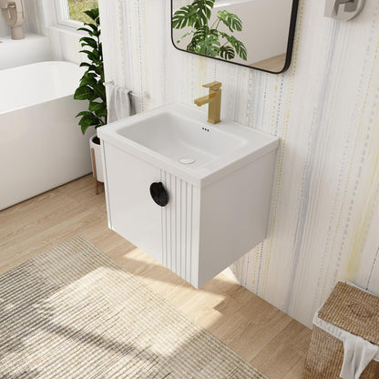 SSLine Modern 24-Inch Bathroom Vanity with Sink Wall Mounted Bathroom Vanity with Top Basin & Storage Cabinet White Wood Floating Vanity w/Ceramic Sink & Gold/Black Handles for Small Space