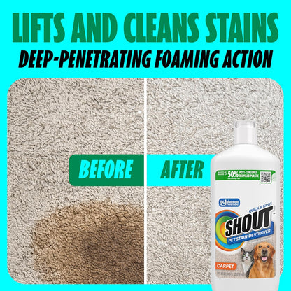 Shout Pet Stain Remover Spray, Color-Safe Multisurface & Carpet Cleaner Solution for Dog & Cat Urine, Feces, Vomit & Mud, Fights Odors & Remarking, Fast-Acting Cleans in 5 Minutes or Less, 22oz