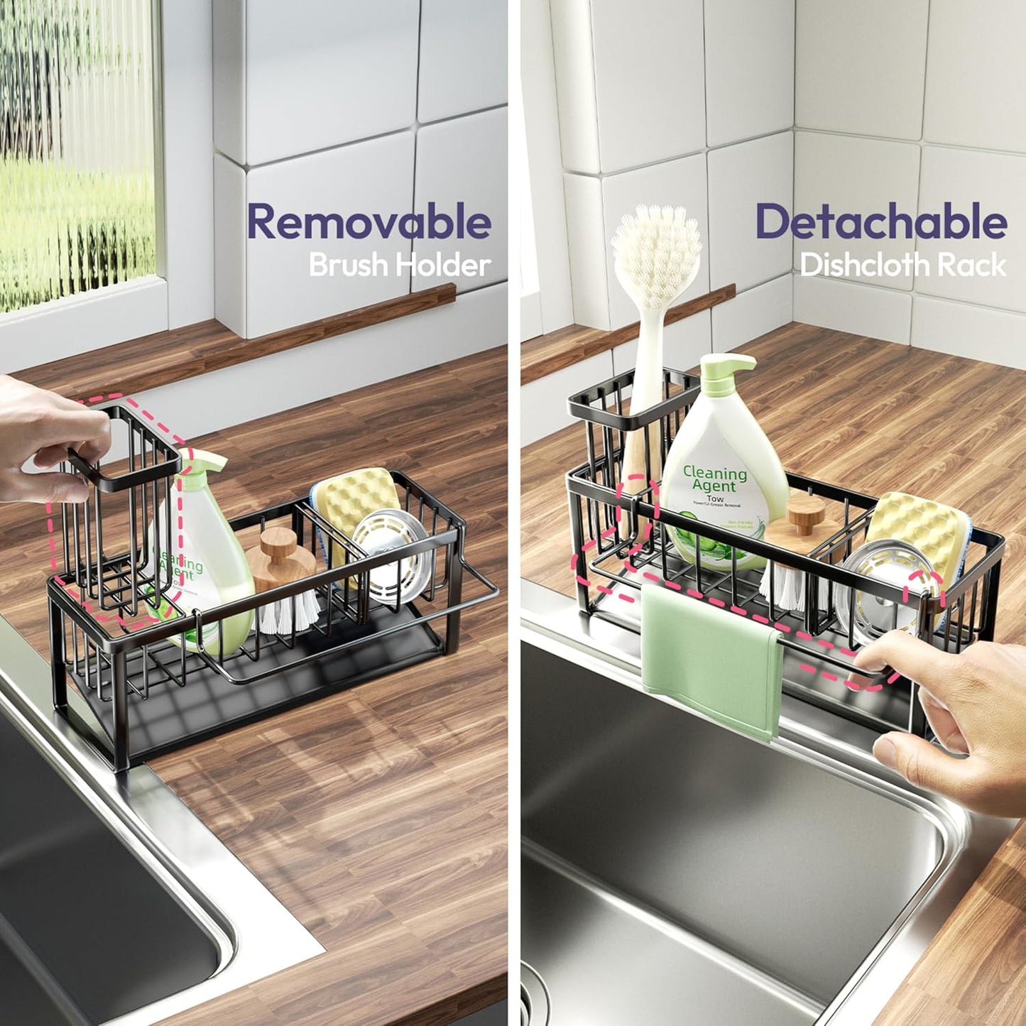 SWTYMIKI Sponge Holder for Kitchen Sink - 2 Tier Rustproof Sink Caddy with Instant Drying Stone, Removable Dish Brush Holder, Stainless Steel Kitchen Caddy for Coutertop Storage Accessories