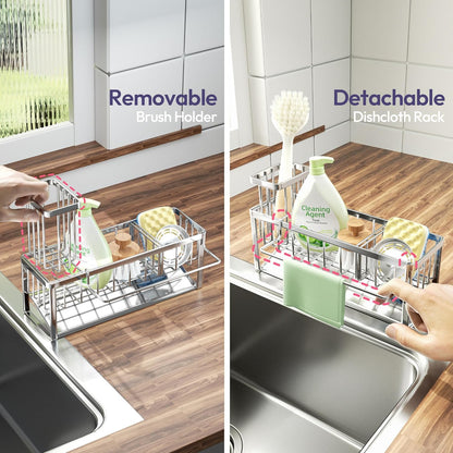 SWTYMIKI Sponge Holder for Kitchen Sink - 2 Tier Rustproof Sink Caddy with Instant Drying Stone, Removable Dish Brush Holder, Stainless Steel Kitchen Caddy for Coutertop Storage Accessories