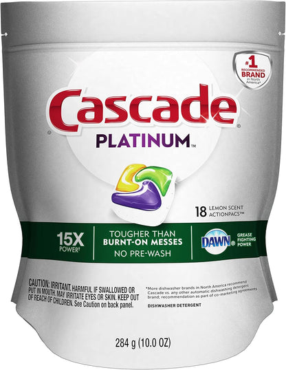 Cascade Platinum Power Boost Dishwasher Pods, Dishwasher Detergent, Dishwasher Soap, Dish Tabs, Dishwashing Tablets, Dish Detergent, Lemon, Actionpacs, 37 Count