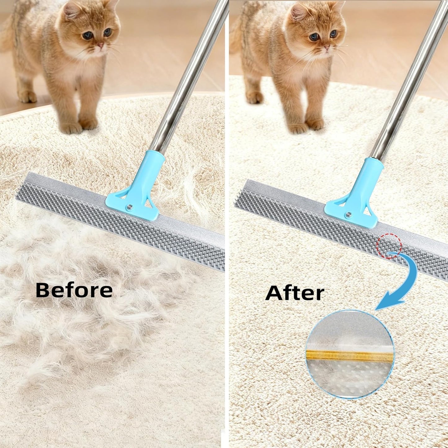 Lazyfeel Pet Hair Remover, Adjustable 18-54”Carpet Rake, Rubber Broom for Deep Clean, Dual-Sided Fur Remover Broom for Pet Hair, Furniture, Rugs, Stairs, Car, and More