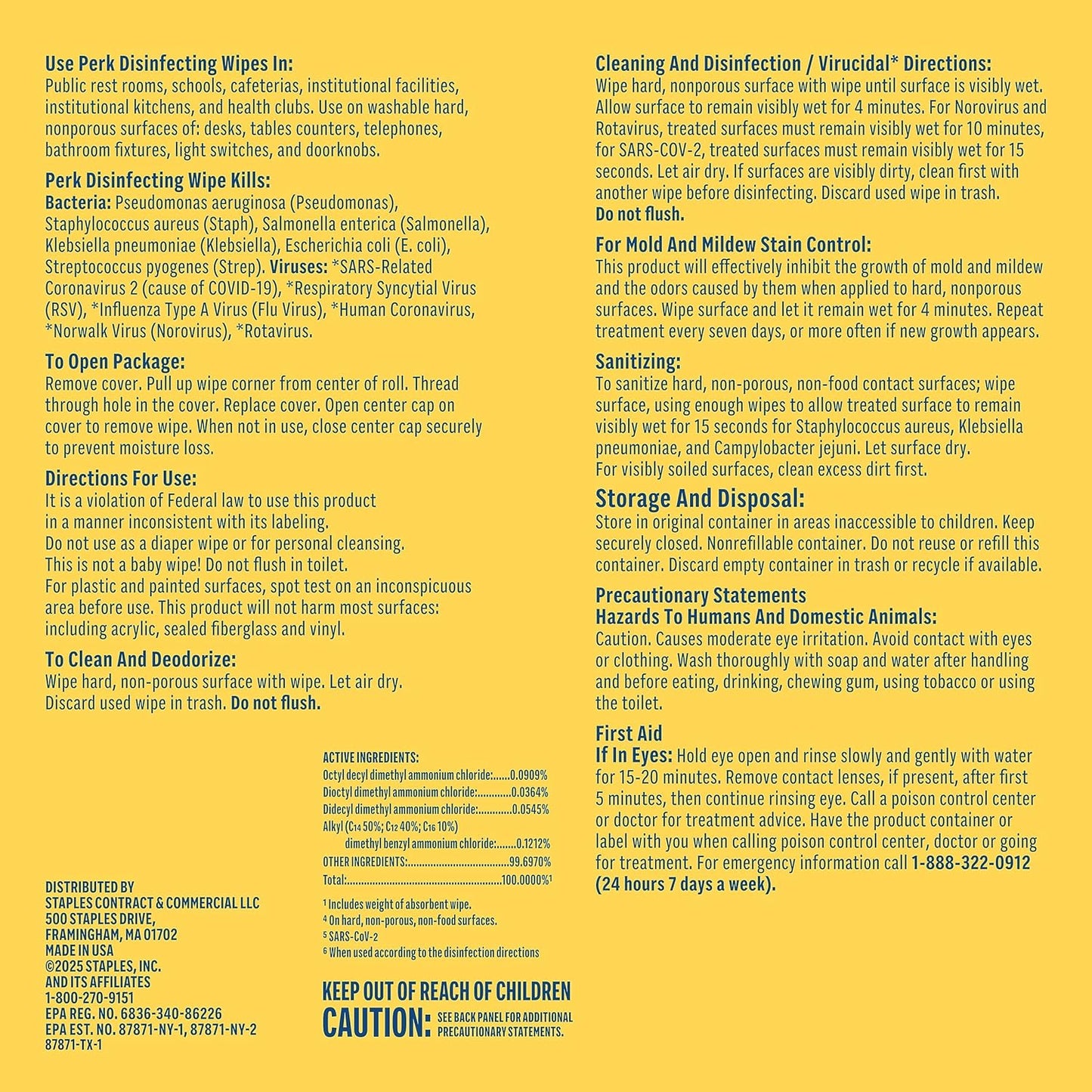 Perk Disinfecting Wipes, Lemon Scent, 75 Wipes/Canister — Multi‑Surface Cleaning Wipes for Home, Office & Classroom