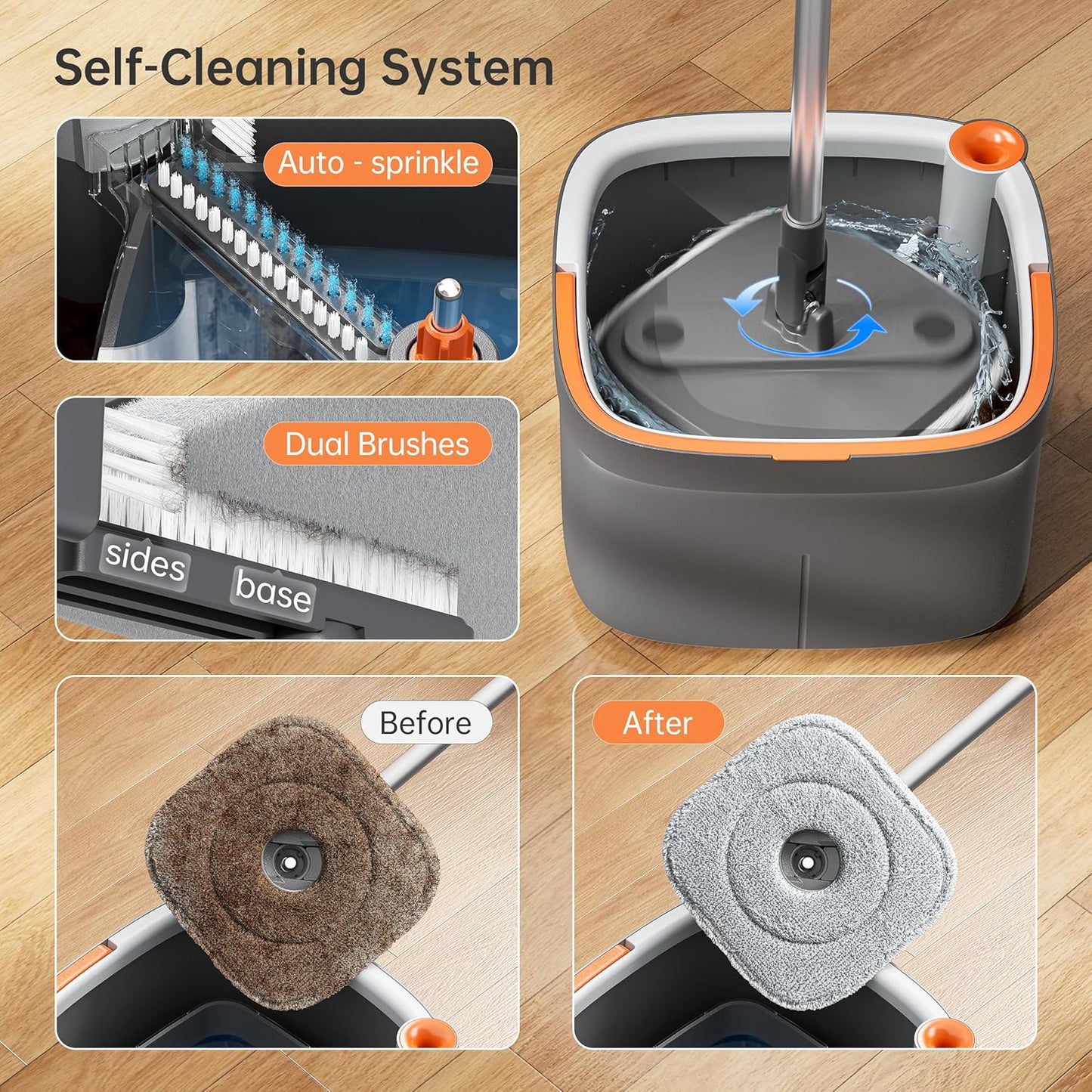 Upgraded Spin Mop and Bucket System Set, Self Separate Clean and Dirty Water, Foldable Square Standing Mop Head with Microfiber Mop Pads, Detachable Bucket (White+Blue, Mop Set with 6PC Pads)
