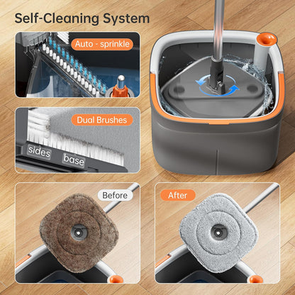 Upgraded Spin Mop and Bucket System Set, Self Separate Clean and Dirty Water, Foldable Square Standing Mop Head with Microfiber Mop Pads, Detachable Bucket (White+Blue, Mop Set with 6PC Pads)