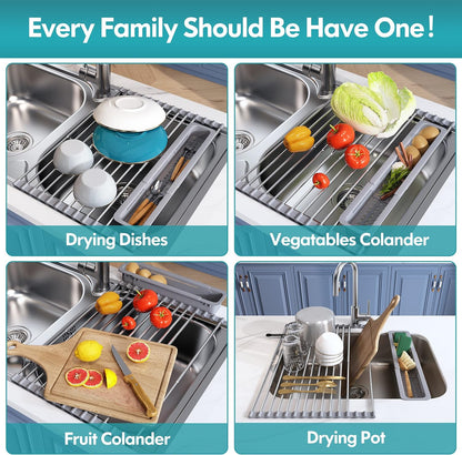 JASIWAY Dish Drying Rack in Sink, Expandable Stainless Steel Dish Drainers for Kitchen Counter, Dish Dryer Rack for Inside Sink, Over The Sink Dish Racks with Utensil Holder, Silver