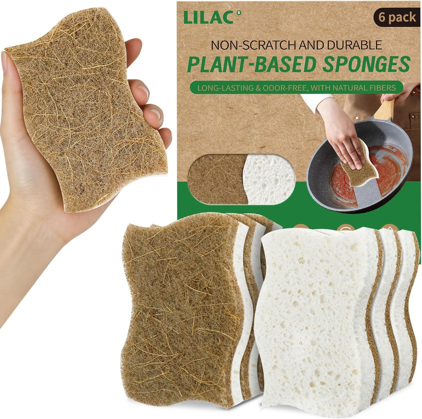 LILAC Natural Cellulose Sponges for Dishes - Ergonomic Non-Scratch Kitchen Scrub Sponges - 100% Biodegradable & Eco-Friendly Cleaning Sponges for Non-Stick Cookware, Bathroom & Household (10 Pack)