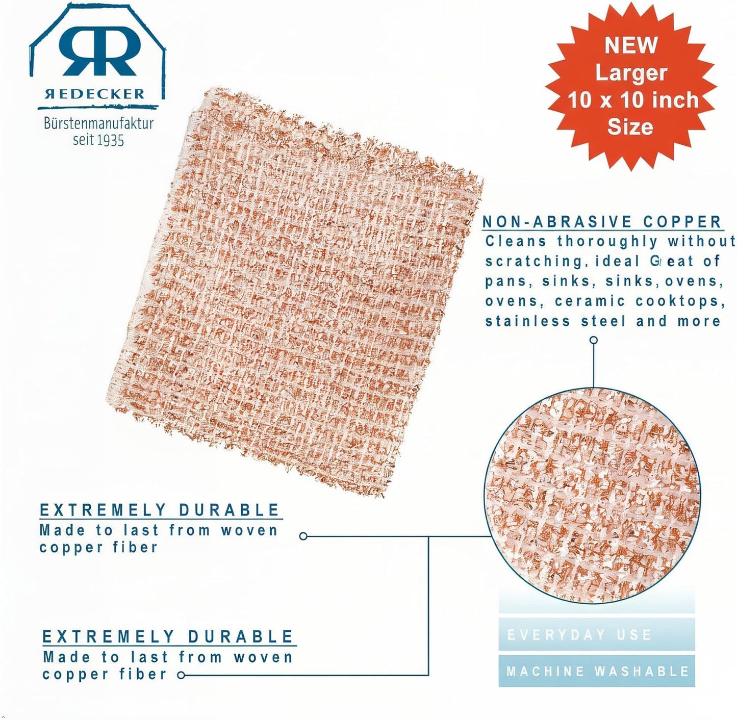 Redecker Copper Thread Pot Scrubber, Woven Copper Scouring Pads, 2 Pack Kitchen Scrubber for Pots Pans Sink Stove Stainless Steel, 3 in Diameter, Made in Netherlands