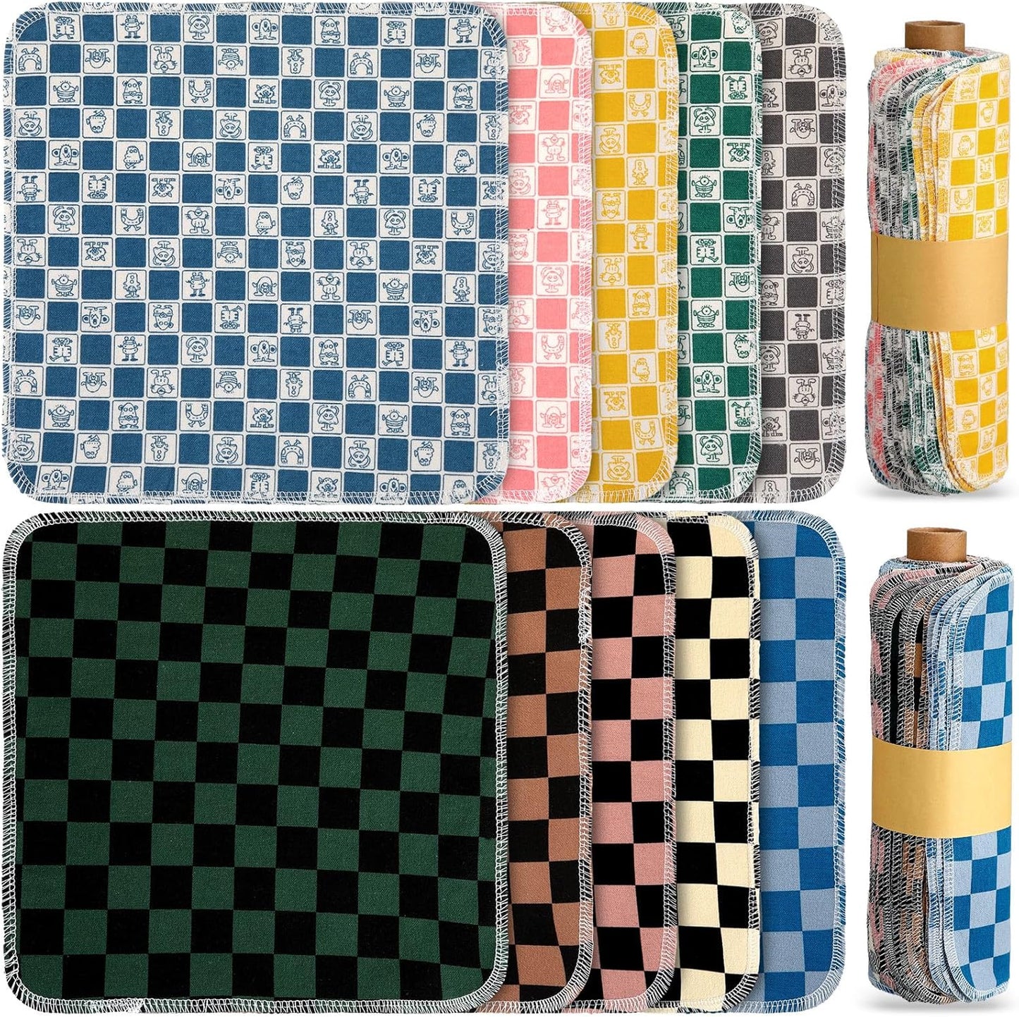 Redbaker 50 Pcs Reusable Paper Towels Paperless Reusable Cotton Cloths Toilet Absorbent Washable Paper Towels with Roll Kitchen Dishcloth for Kitchen Paperless Dishcloths(Stripe)