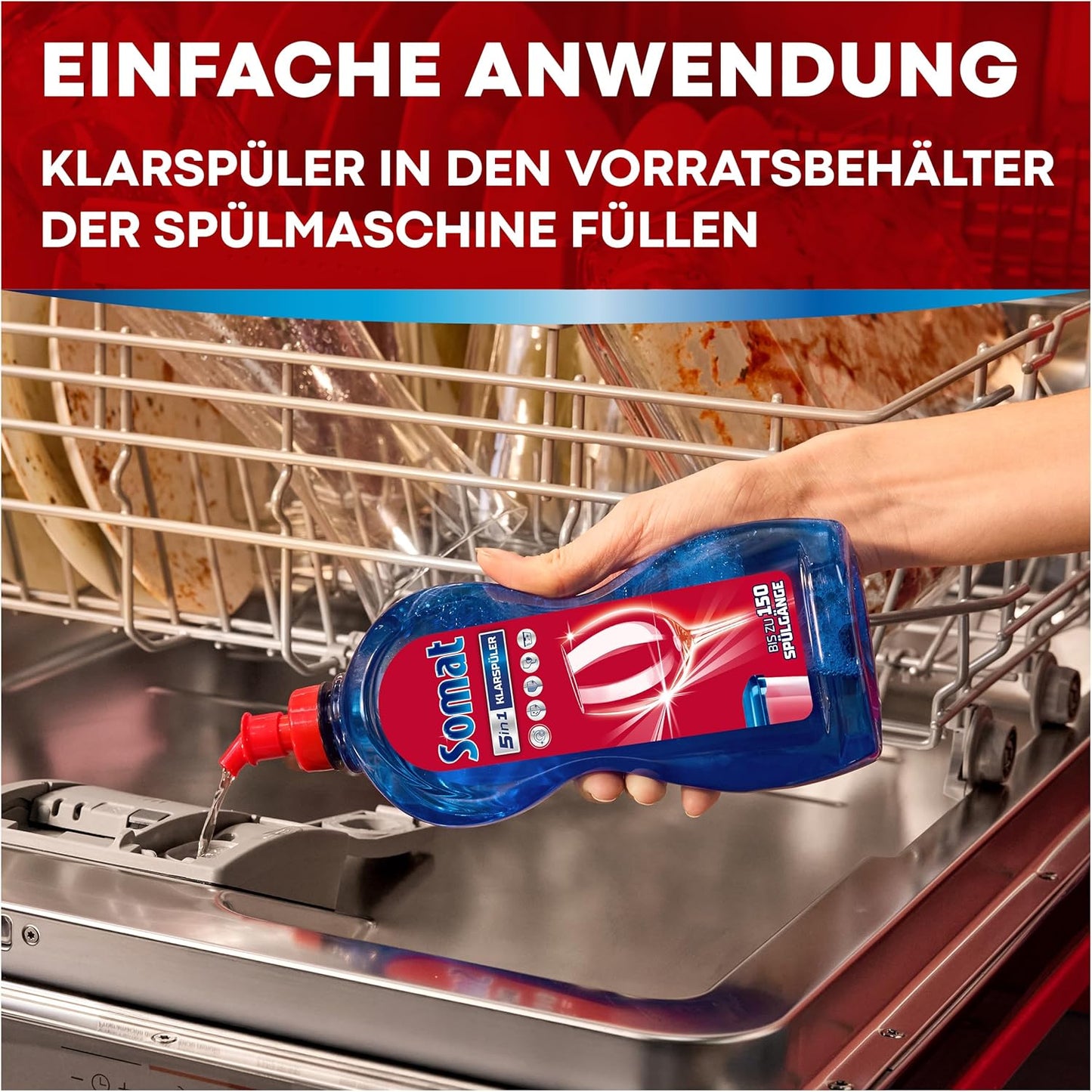SOMAT 5-in-1 rinse aid (750 ml), detergent additive for quick drying, rinse aid for dishwasher gives brilliant shine on glasses, dishes and in the machine, up to 150 washes