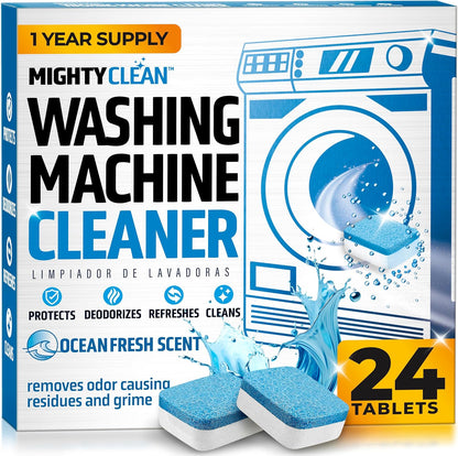 MIGHTY CLEAN Washing Machine Cleaner Tablets 24 Pack - 1 Year Supply, Septic Safe Washing Machine Cleaning Tablets, Washer Cleaner Tablet, Works with All Washers Including HE