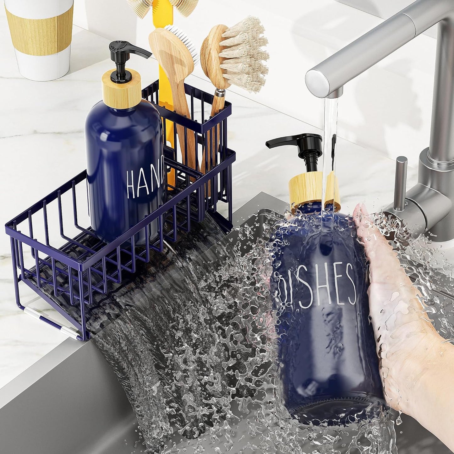 Cisily Kitchen Dish Soap Dispenser Set with 2 Pack 16.9oz Black Glass Bottle and Sponge Holder, Dish Soap Dispensers with Adjustable Sponge Holder, Vintage Hand and Dish Soap Dispensers Set