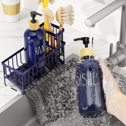 Cisily Kitchen Dish Soap Dispenser Set with 2 Pack 16.9oz Black Glass Bottle and Sponge Holder, Dish Soap Dispensers with Adjustable Sponge Holder, Vintage Hand and Dish Soap Dispensers Set