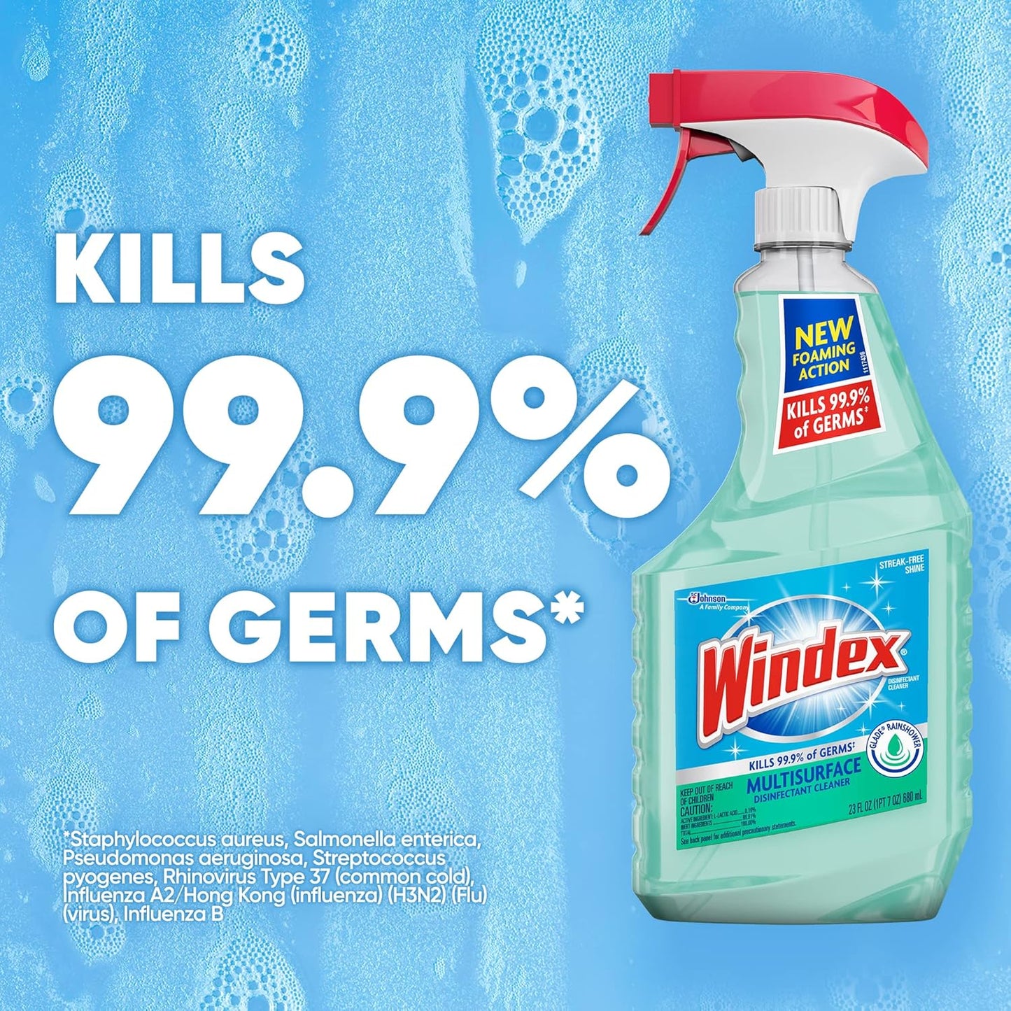Windex Multipurpose Cleaner Disinfectant Spray Trigger Bottle, New Foaming Action Formula, Surface Cleaning Spray, Glade Rainshower Scent, 32 Fl Oz