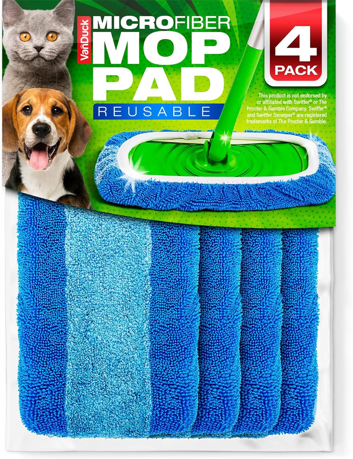 VanDuck Reusable Mop Pads Compatible with Swiffer Sweeper (4-Pack) - Washable Microfiber Mop Pads for Wet & Dry Use - All Purpose Floor Mopping and Cleaning Product