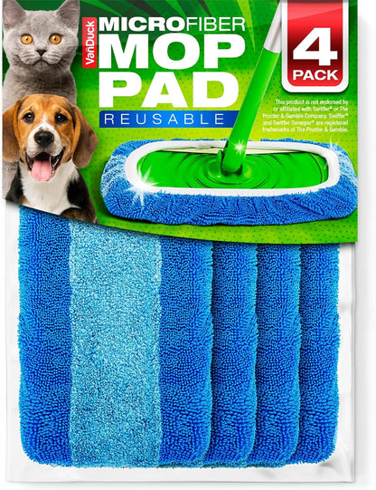 VanDuck Reusable Mop Pads Compatible with Swiffer Sweeper (4-Pack) - Washable Microfiber Mop Pads for Wet & Dry Use - All Purpose Floor Mopping and Cleaning Product