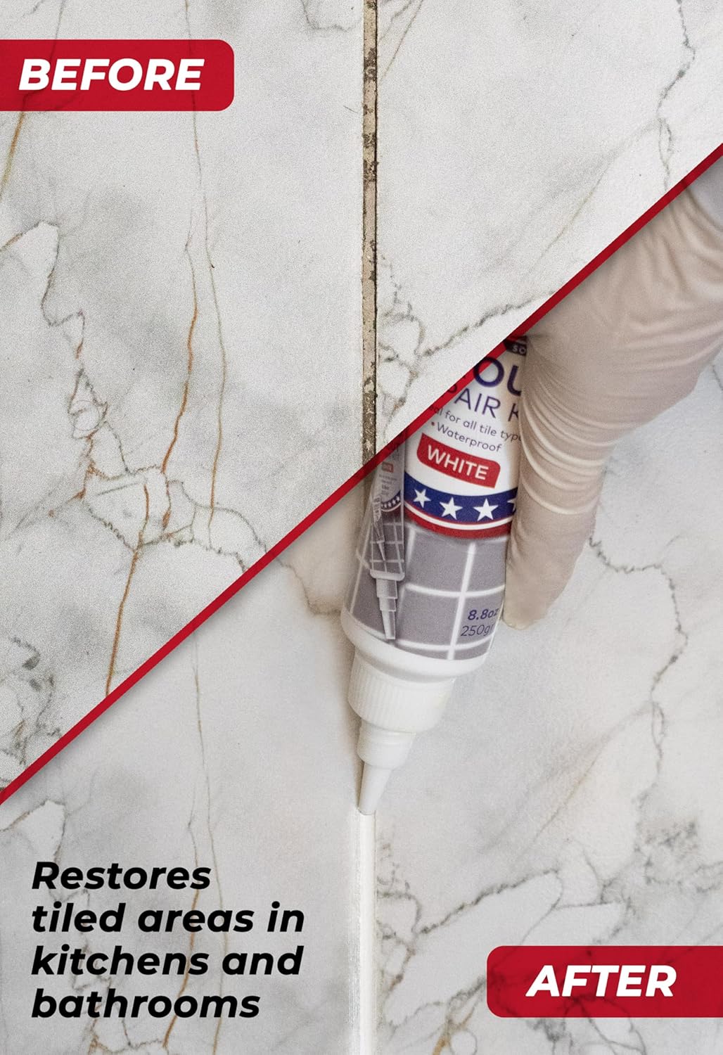 Tile Grout Repair, Grey 8.8 oz/250gr. Fast Drying Grout Repair Kit, Grout Filler Tube Repair Kit, Tile Grout Paint, Grout Sealer Restore and Renew Bathroom Floor, Tile Gaps, Joints, Lines
