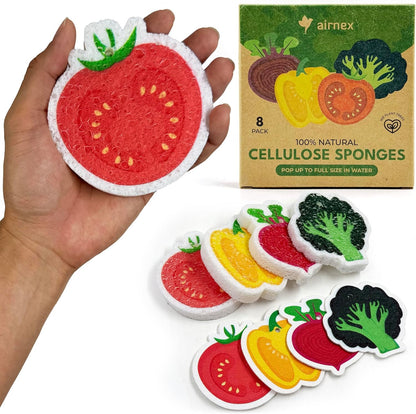 AIRNEX Compressed Cellulose Sponges - 12 Pack Fruit Shaped Natural Pop Up Dish Sponge for Kitchen - Compostable, Plant-Based, Non Scratch Cleaning Sponges Bulk for Dishes & Household Cleaning